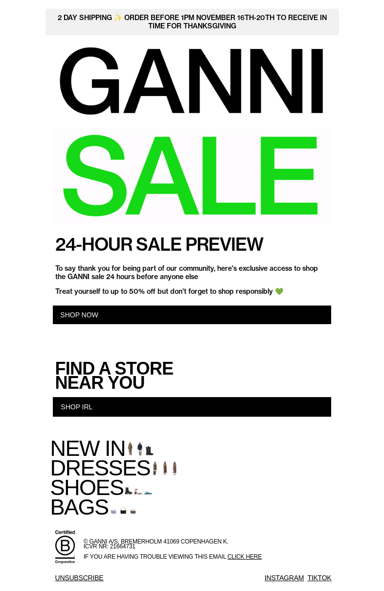 Письмо компании «GANNI» на тему «SALE PREVIEW: YOUR HEADSTART 👟»