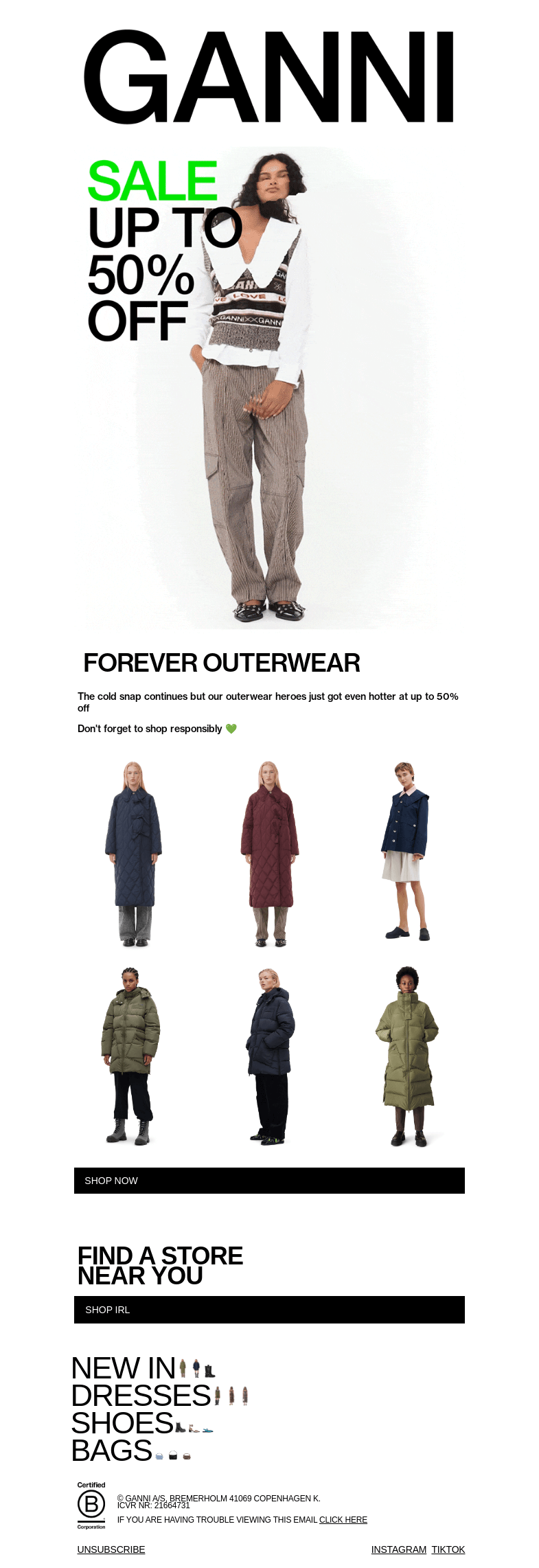 Письмо компании «GANNI» на тему «NEW TO SALE: OUTERWEAR ICONS 🎀»