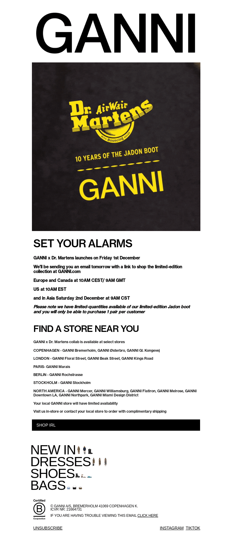 Письмо компании «GANNI» на тему «GANNI x Dr. Martens: DROPS TOMORROW»