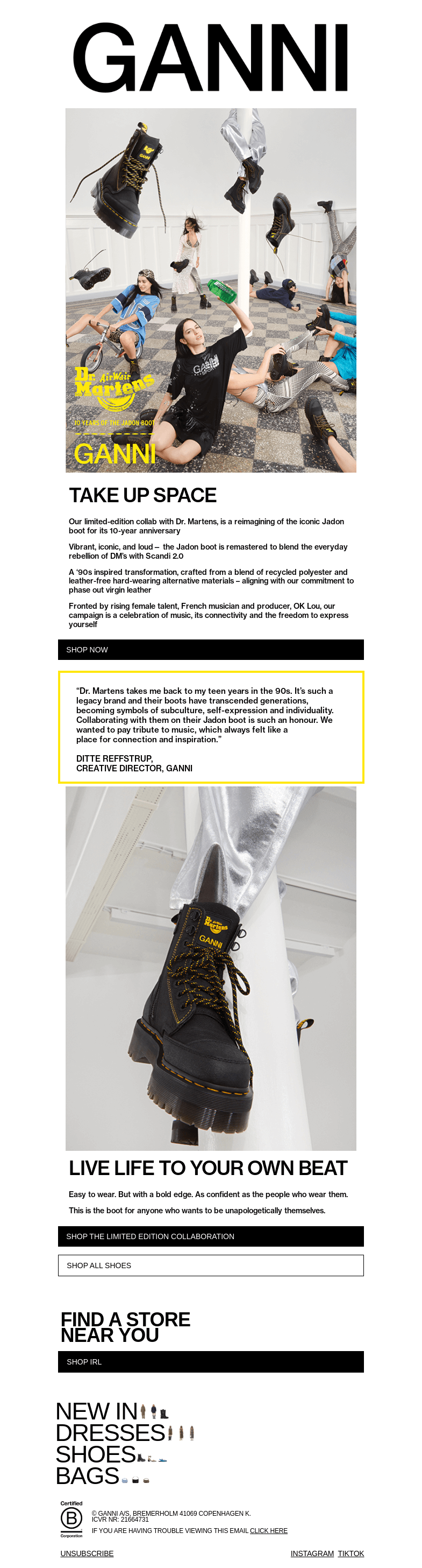 Письмо компании «GANNI» на тему «GANNI x Dr. Martens JUST DROPPED 💛»