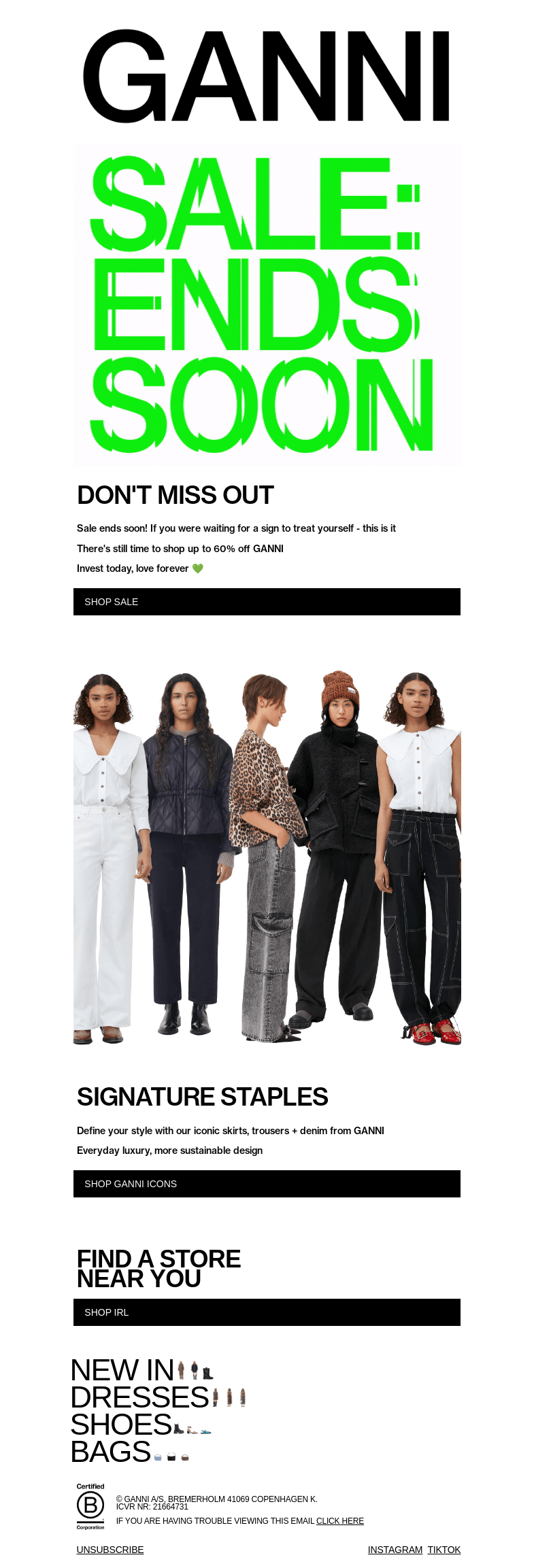 Письмо компании «GANNI» на тему «SALE UP TO 60% OFF ENDS SOON 💔»