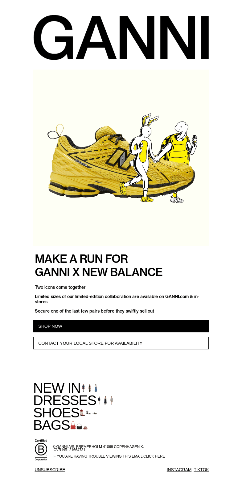 Письмо компании «GANNI» на тему «LIMITED SIZES AVAILABLE GANNI X NEW BALANCE 💛»