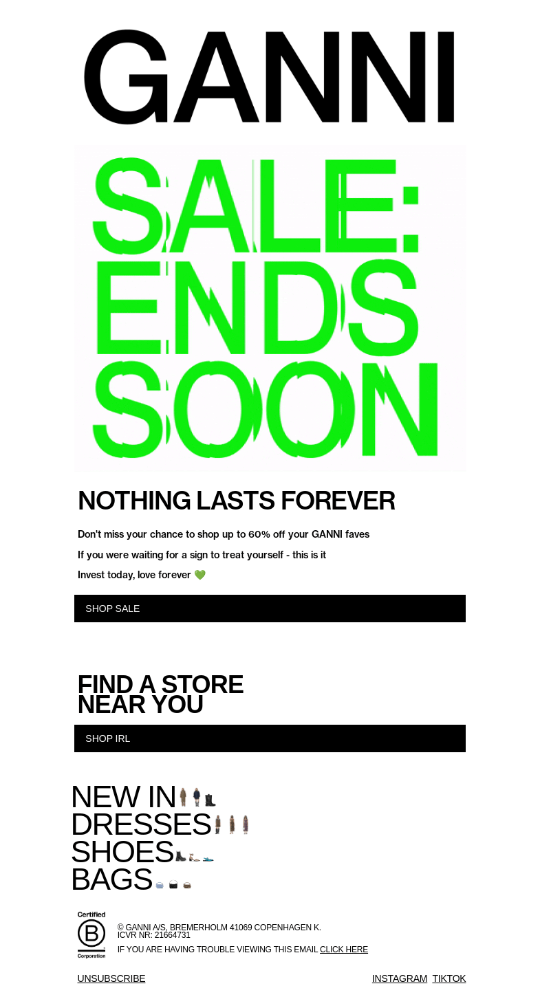 Письмо компании «GANNI» на тему «SALE ENDS SOON 💔 UP TO 60% OFF»