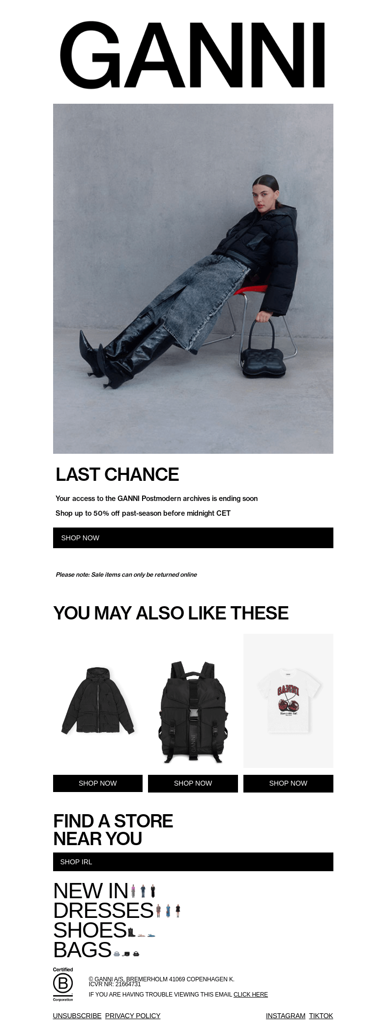Письмо компании «GANNI» на тему «LAST CHANCE: UP TO 50% OFF»