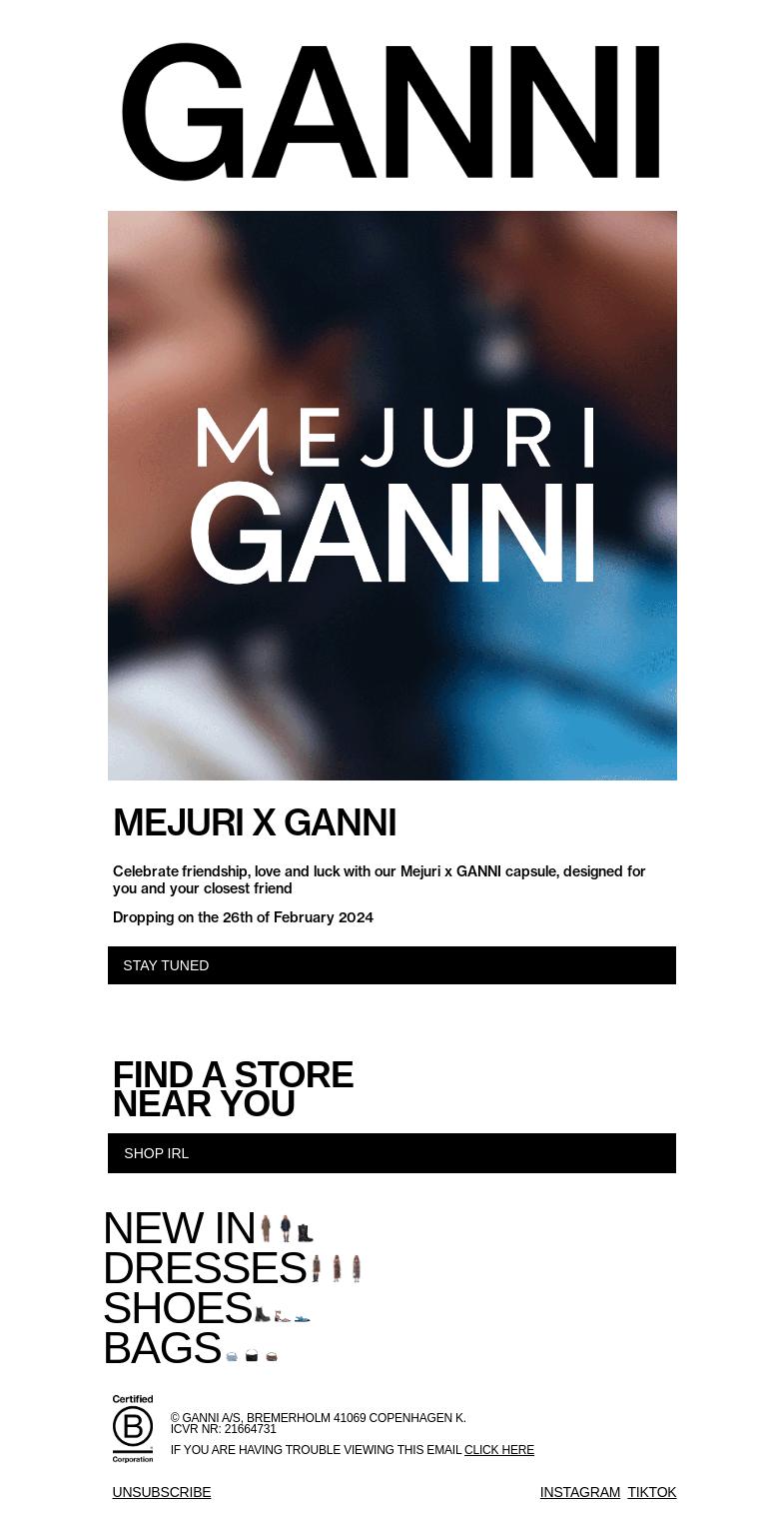 Письмо компании «GANNI» на тему «Mejuri x GANNI COMING SOON 🍀»