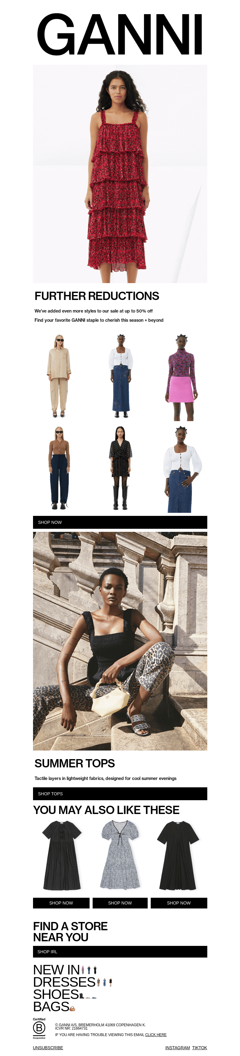 Письмо компании «GANNI» на тему «FURTHER REDUCTIONS : UP TO 50% OFF»