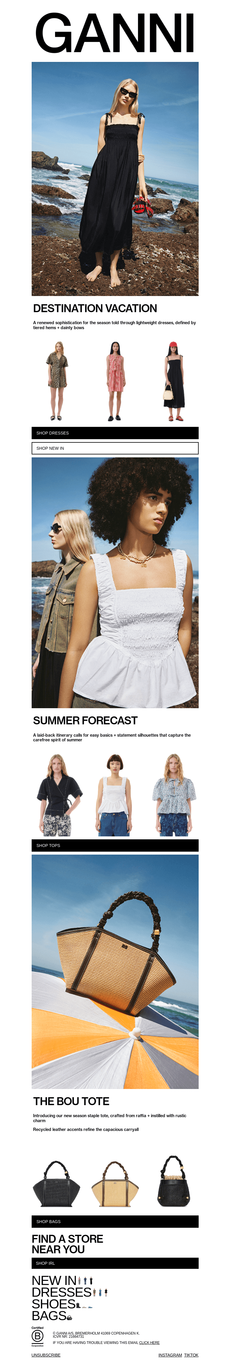 Письмо компании «GANNI» на тему «NEW IN: DRESSES MADE FOR SUMMER»
