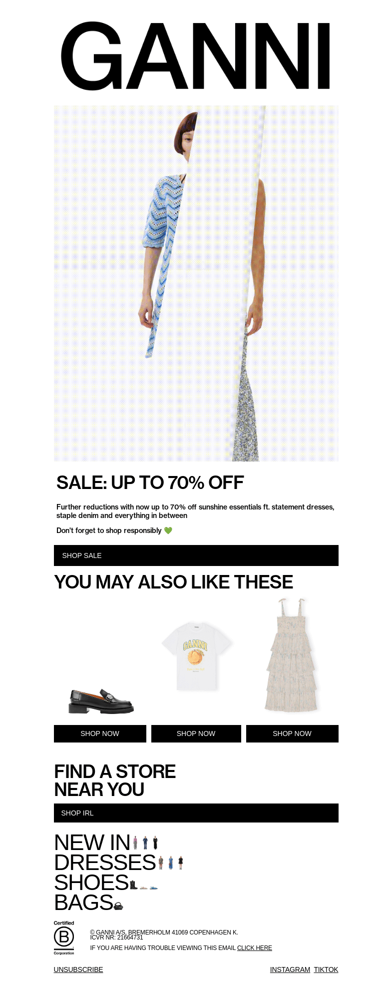 Письмо компании «GANNI» на тему «FURTHER MARKDOWNS: UP TO 70% OFF»