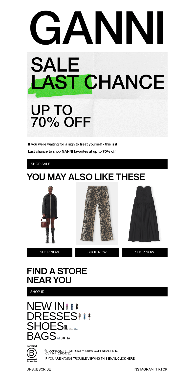 Письмо компании «GANNI» на тему «LAST CHANCE: UP TO 70% OFF»