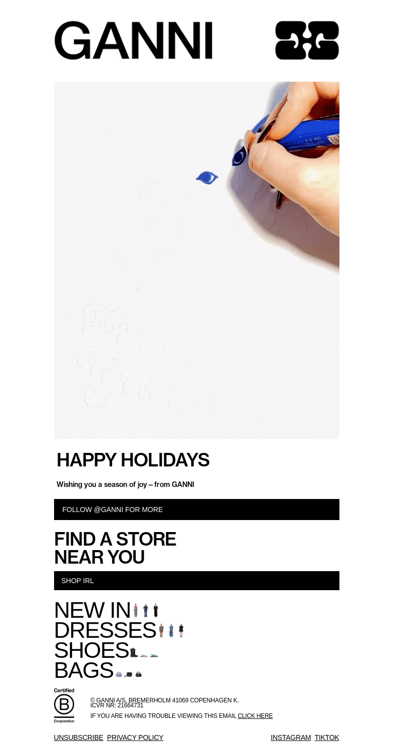 Письмо компании «GANNI» на тему «HAPPY HOLIDAYS FROM GANNI»
