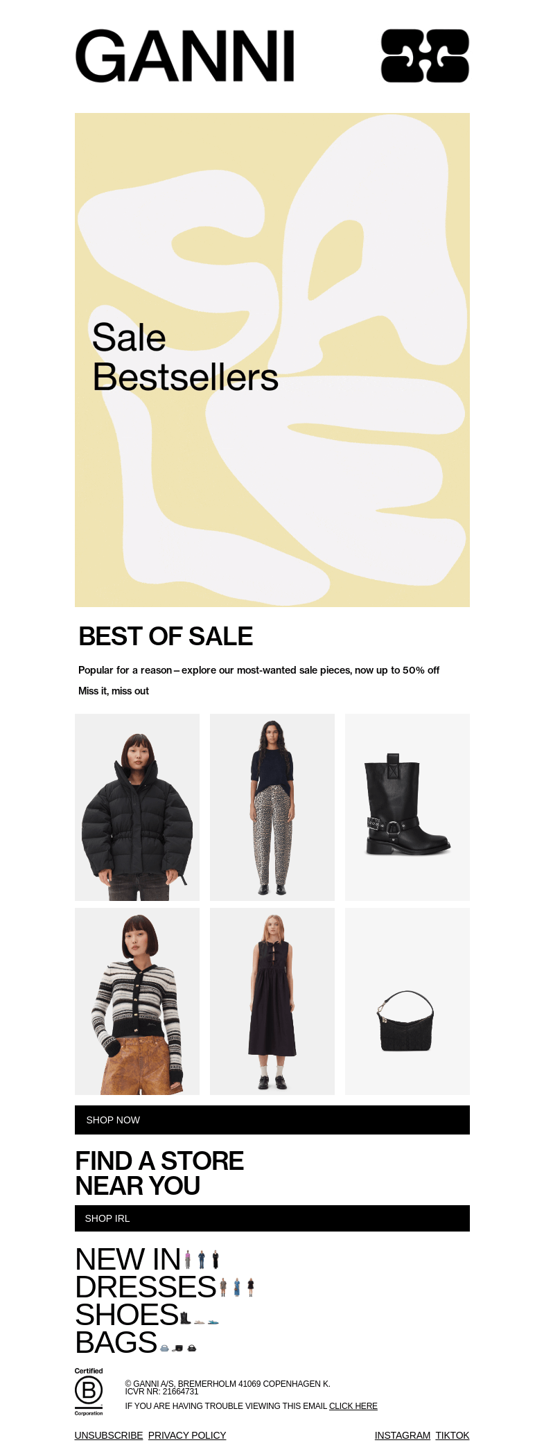 Письмо компании «GANNI» на тему «BEST OF SALE: UP TO 50% OFF»