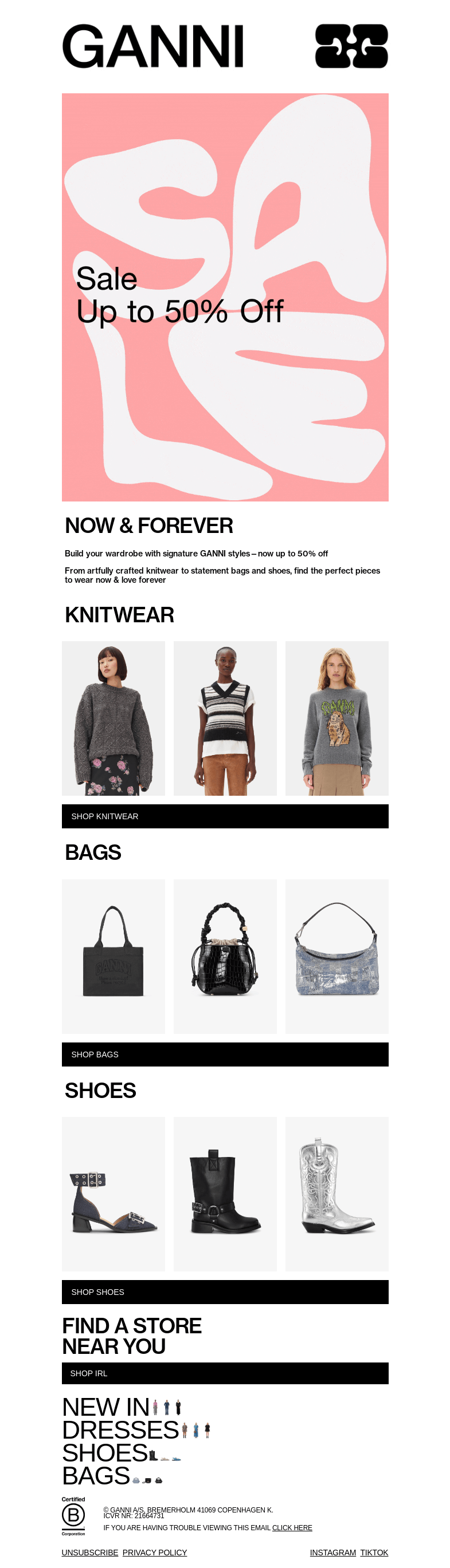 Письмо компании «GANNI» на тему «UP TO 50% OFF: KNITWEAR, BAGS & MORE»