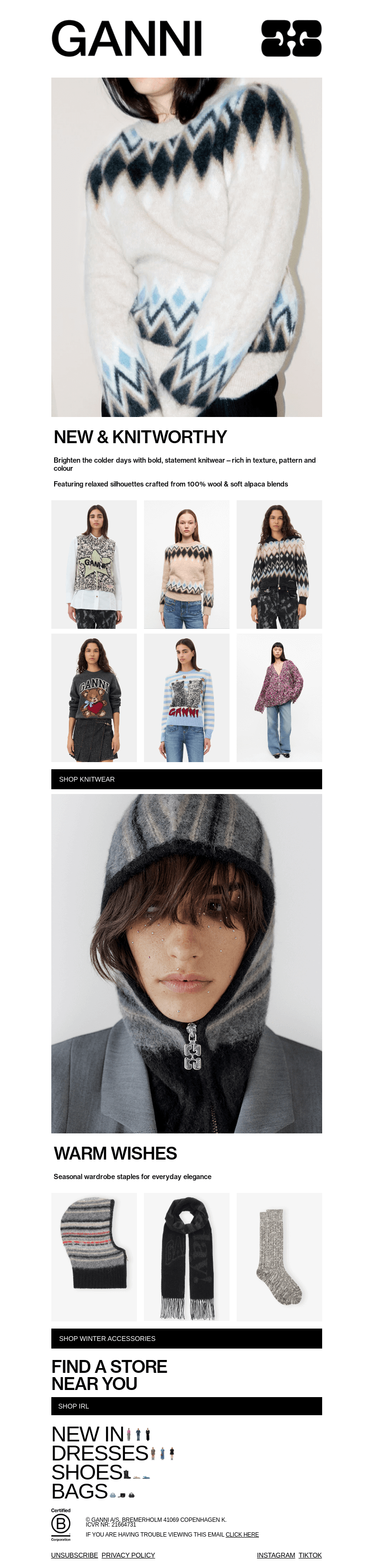 Письмо компании «GANNI» на тему «KNITWEAR TO COSY UP IN»