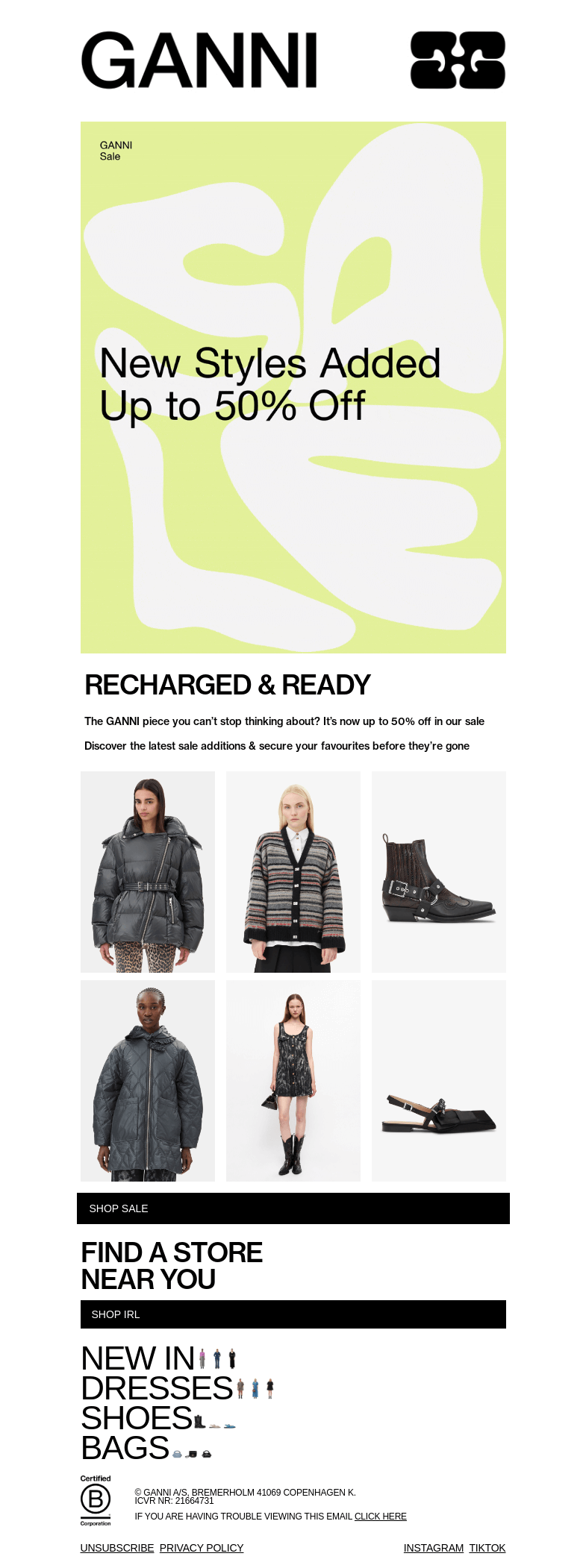 Письмо компании «GANNI» на тему «NEW STYLES ADDED: UP TO 50% OFF»