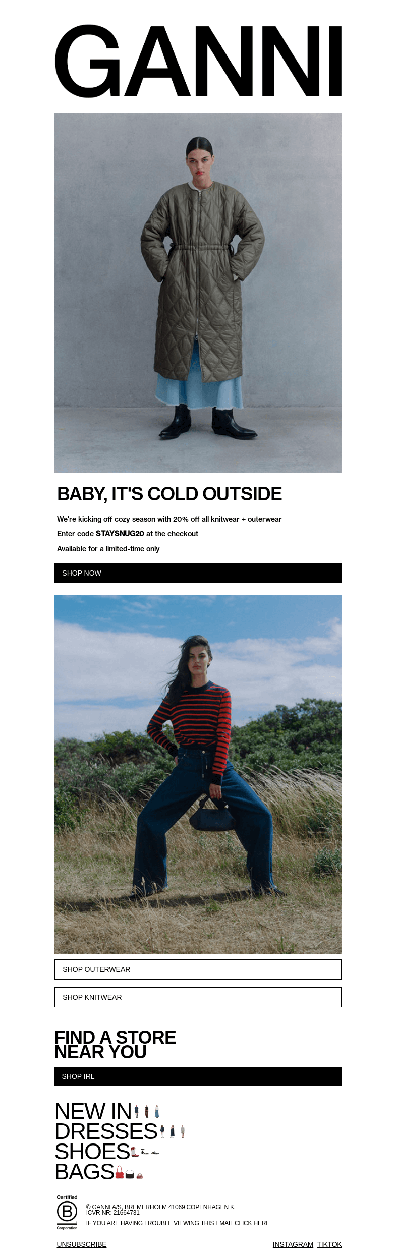 Письмо компании «GANNI» на тему «WARM UP TO 20% OFF  KNITWEAR + OUTERWEAR  ❤️‍🔥🧸»