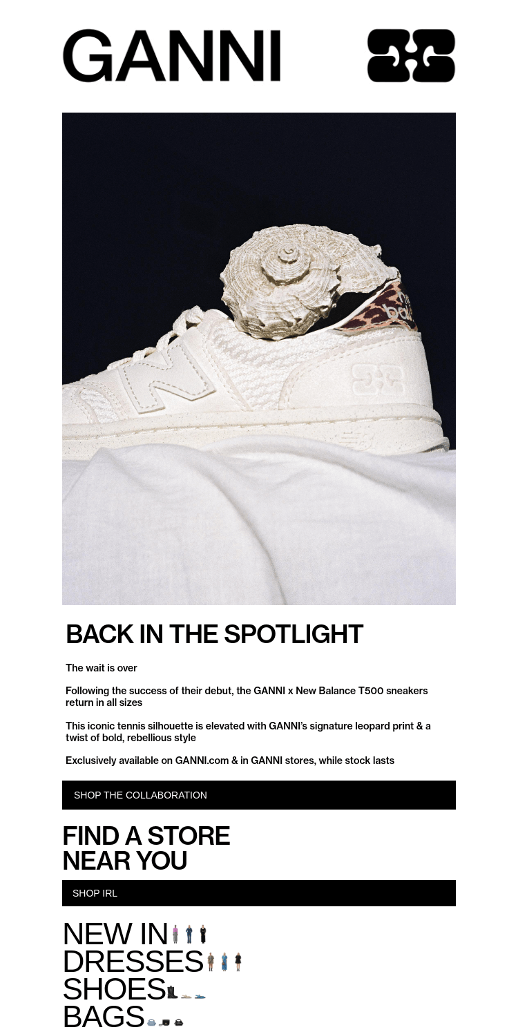 Письмо компании «GANNI» на тему «BACK IN STOCK: GANNI X NEW BALANCE T500»