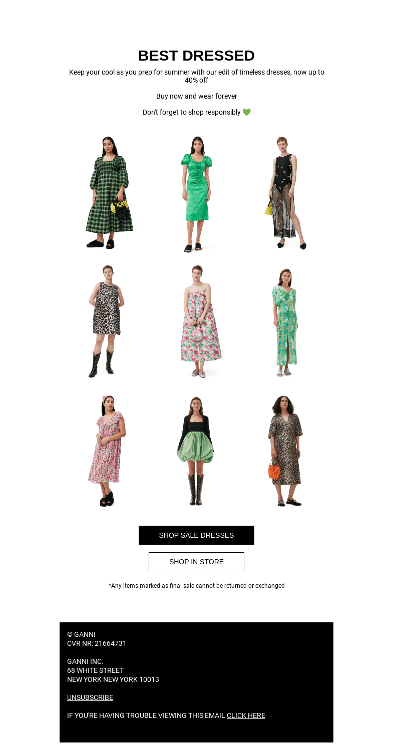 Письмо компании «GANNI» на тему «DRESSES JUST GOT BETTER: UP TO 40% OFF 🥵»