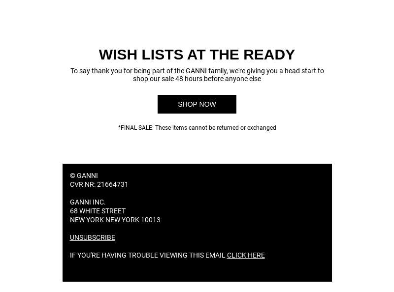 Письмо компании «GANNI» на тему «48 HOUR SALE PREVIEW 👀»
