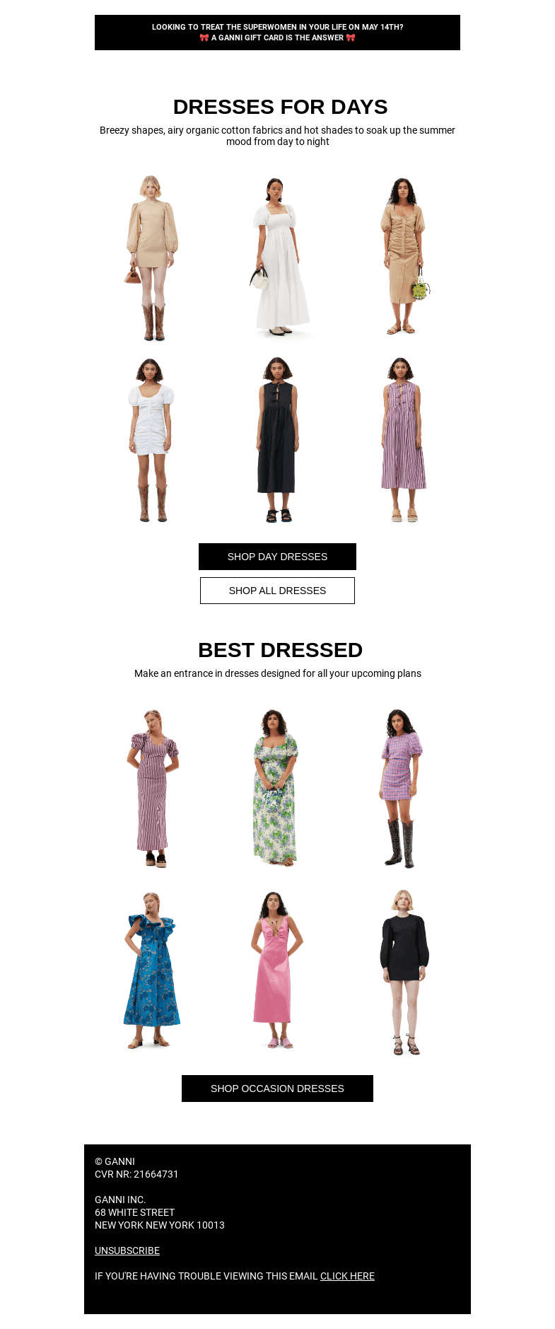 Письмо компании «GANNI» на тему «DRESSES DAY TO NIGHT 🌻»