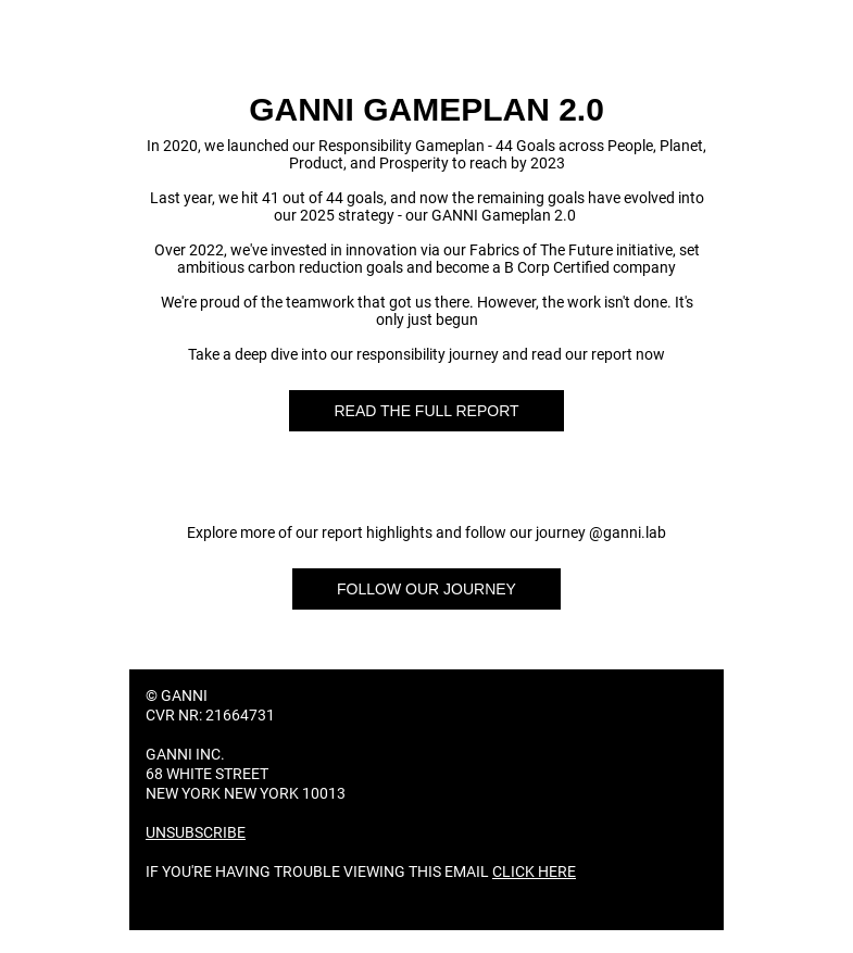 Письмо компании «GANNI» на тему «OUR ANNUAL RESPONSIBILITY REPORT IS HERE  ♻️»