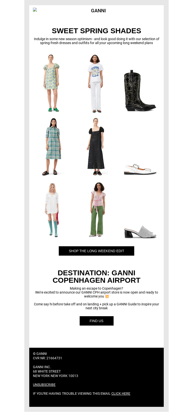 Письмо компании «GANNI» на тему «NOW BOARDING: SPRING DRESSES ✈️🌸»