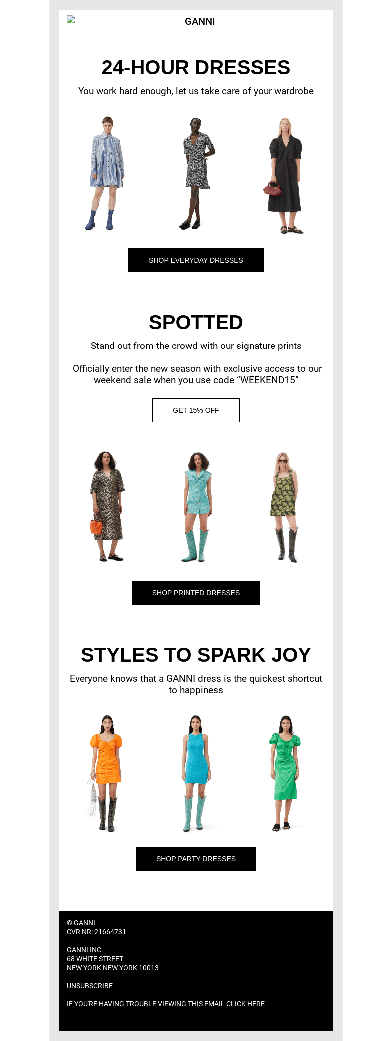 Письмо компании «GANNI» на тему «YOUR NEW DRESS IS HERE 🛍»