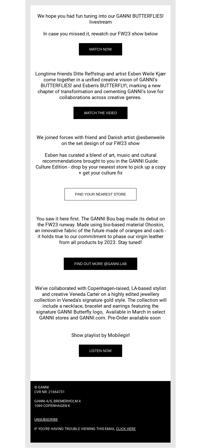 Письмо компании «GANNI» на тему «GANNI BUTTERFLIES! FW23 CFW ROUNDUP 🦋»
