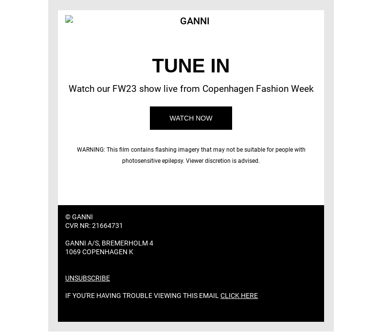 Письмо компании «GANNI» на тему «GANNI FW23 SHOW IS ABOUT TO START 🦋»