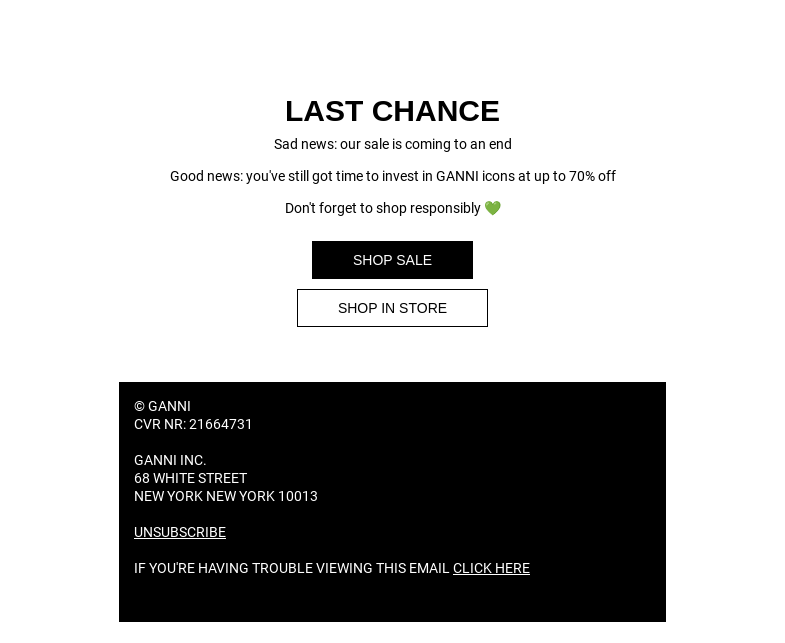 Письмо компании «GANNI» на тему «OUR SALE ENDS SOON 💔 UP TO 70% OFF»