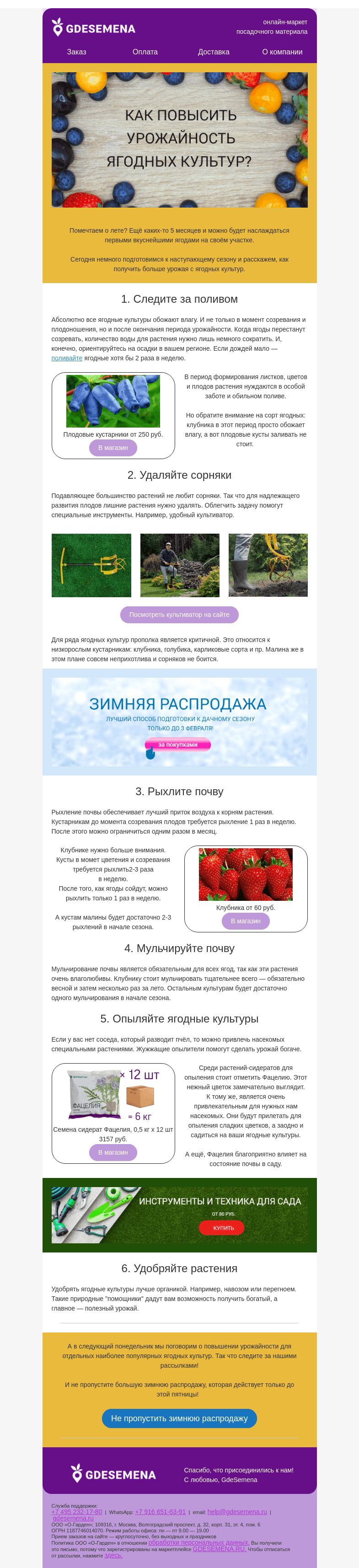 Письмо компании «GDESEMENA» на тему «6 способов повышения урожайности ягодных культур 🍓»