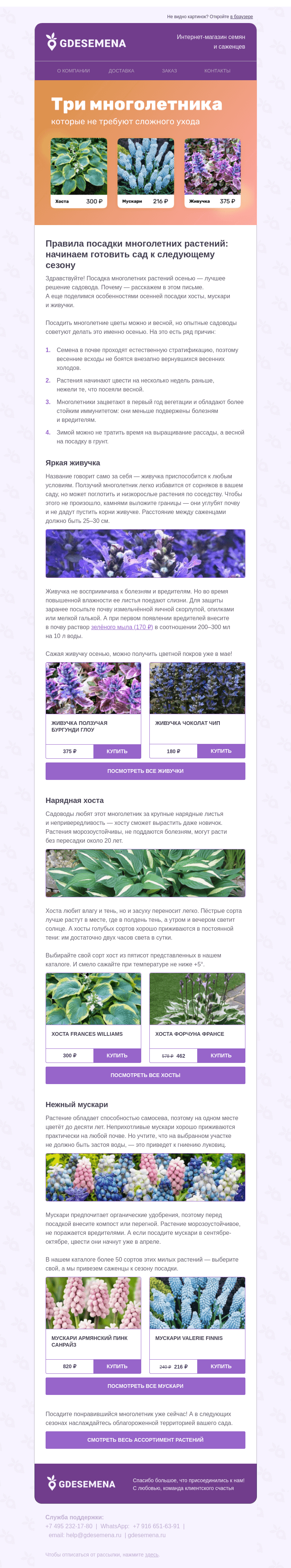Письмо компании «GDESEMENA» на тему «3 неприхотливых многолетника»