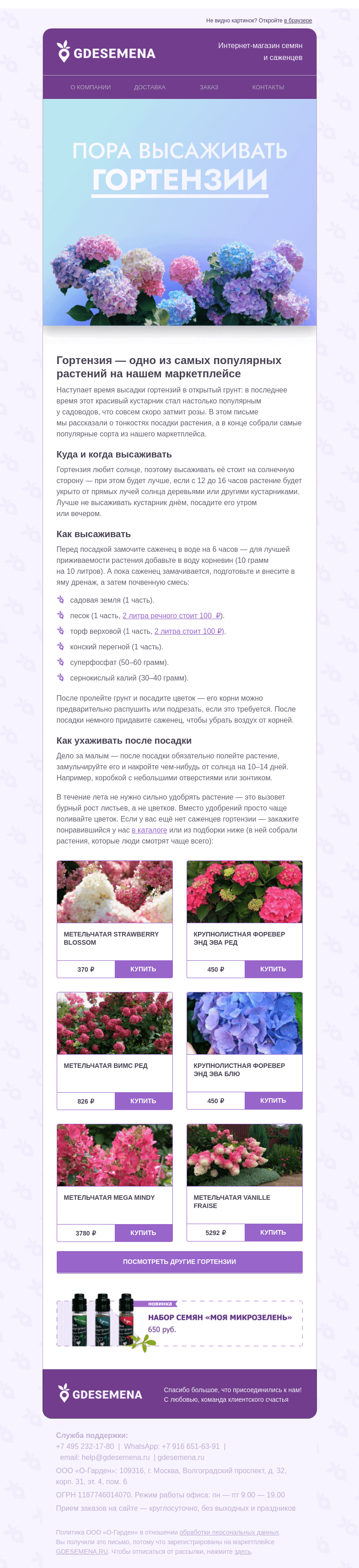 Письмо компании «GDESEMENA» на тему «Не забудьте посадить гортензии»