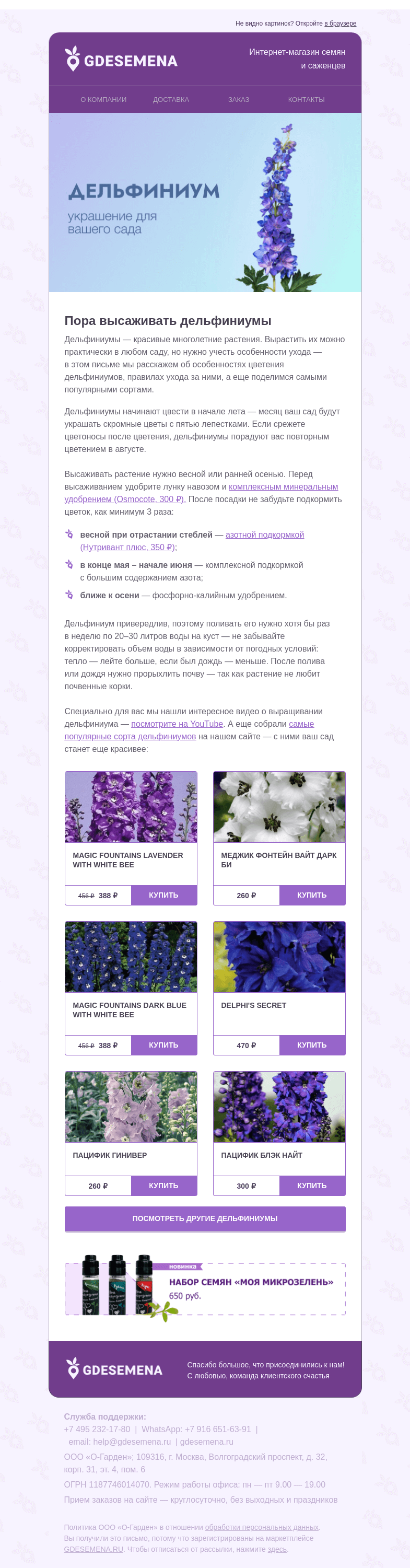 Письмо компании «GDESEMENA» на тему «Дельфиниумы — красивые многолетние цветы»