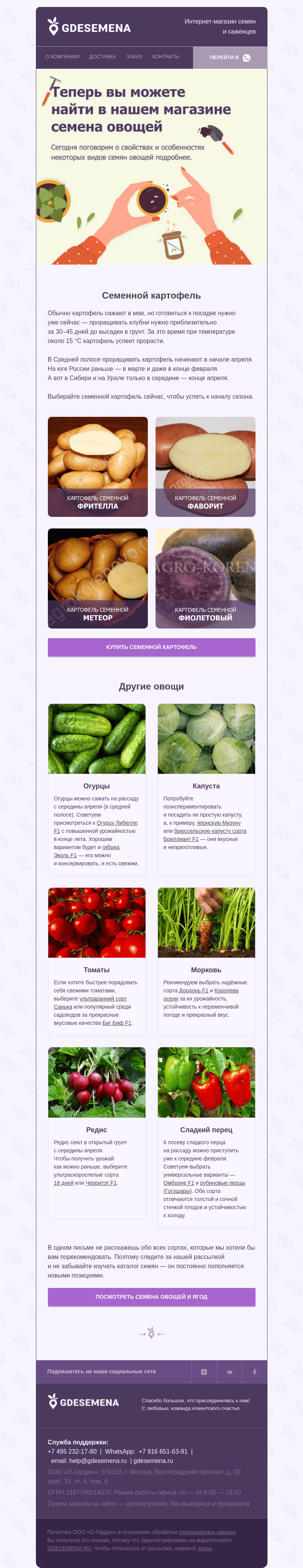 Письмо компании «GDESEMENA» на тему «Семенной картофель и ещё 6 видов овощей 🙌»