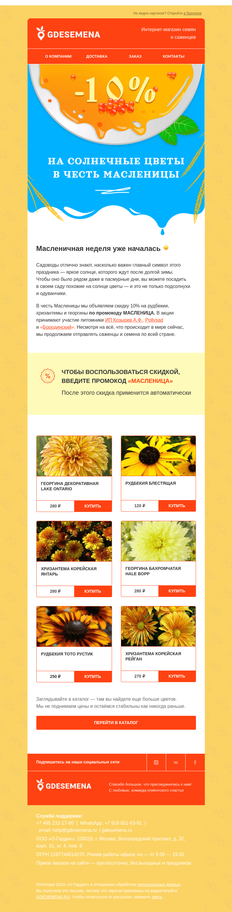Письмо компании «GDESEMENA» на тему «Скидка 10% в Масленицу»