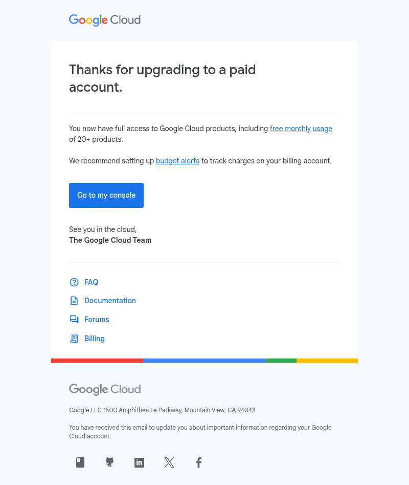 Письмо компании «Google Cloud» на тему «You have upgraded to a paid Google Cloud account»