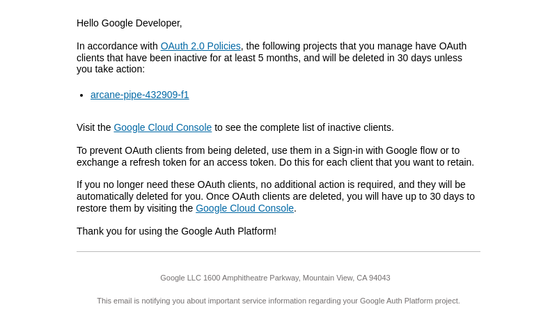 Письмо компании «Google Developers» на тему «[Action Advised] Manage your unused OAuth clients and protect your information»