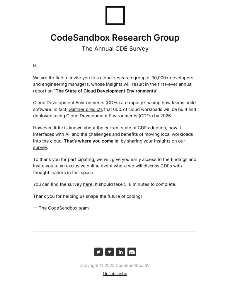 Письмо компании «CodeSandbox» на тему «Your invite to take part in the Annual CDE Survey»