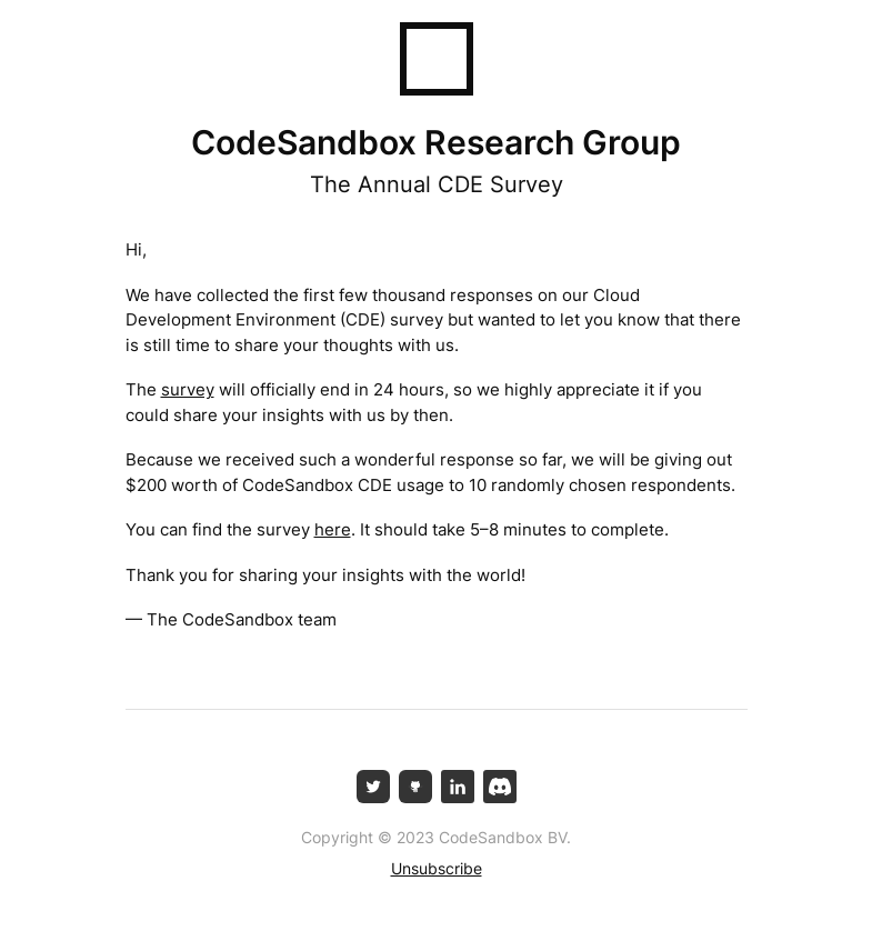 Письмо компании «CodeSandbox» на тему «Final call for the annual survey on Cloud Development Environments»