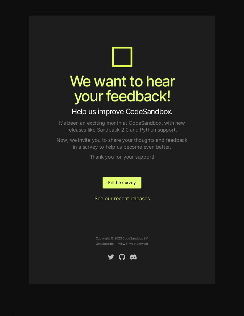 Письмо компании «CodeSandbox» на тему «Help us improve CodeSandbox»