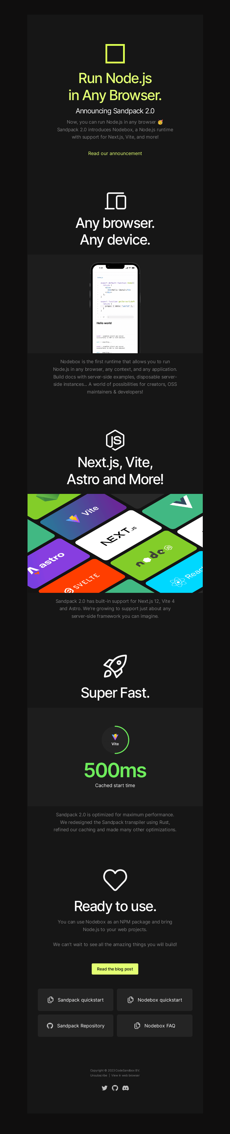Письмо компании «CodeSandbox» на тему «Introducing Sandpack 2.0: a fast Node.js runtime for any browser»