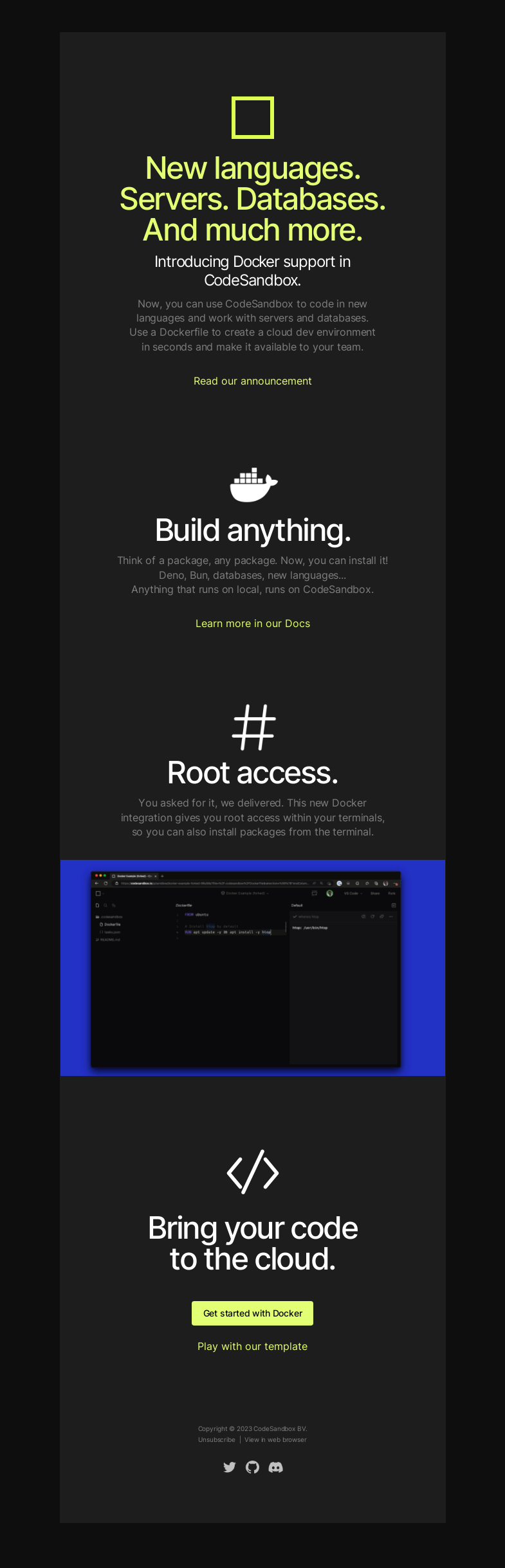 Письмо компании «CodeSandbox» на тему «Introducing Docker support»