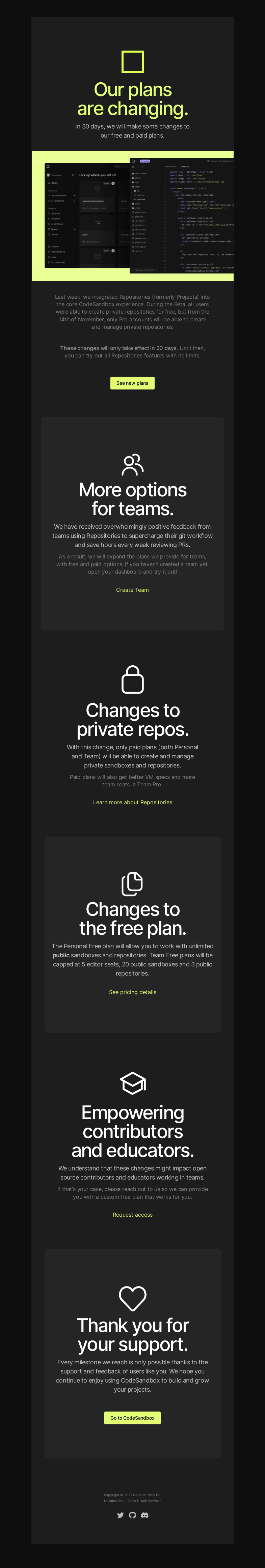 Письмо компании «CodeSandbox» на тему «Your CodeSandbox plan will change in 30 days»