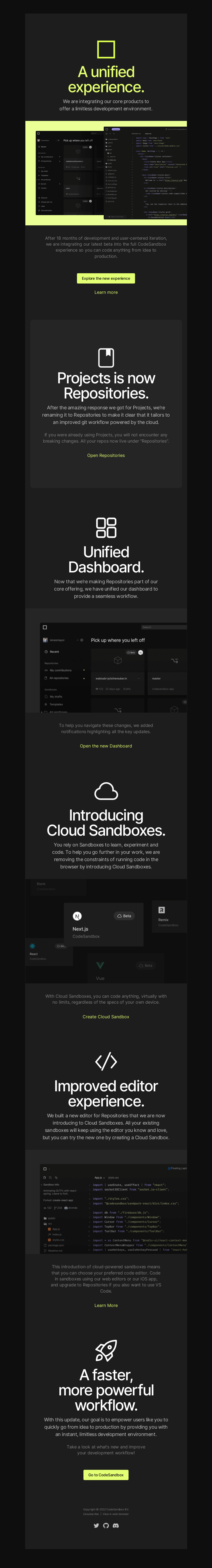 Письмо компании «CodeSandbox» на тему «Introducing a unified CodeSandbox experience»