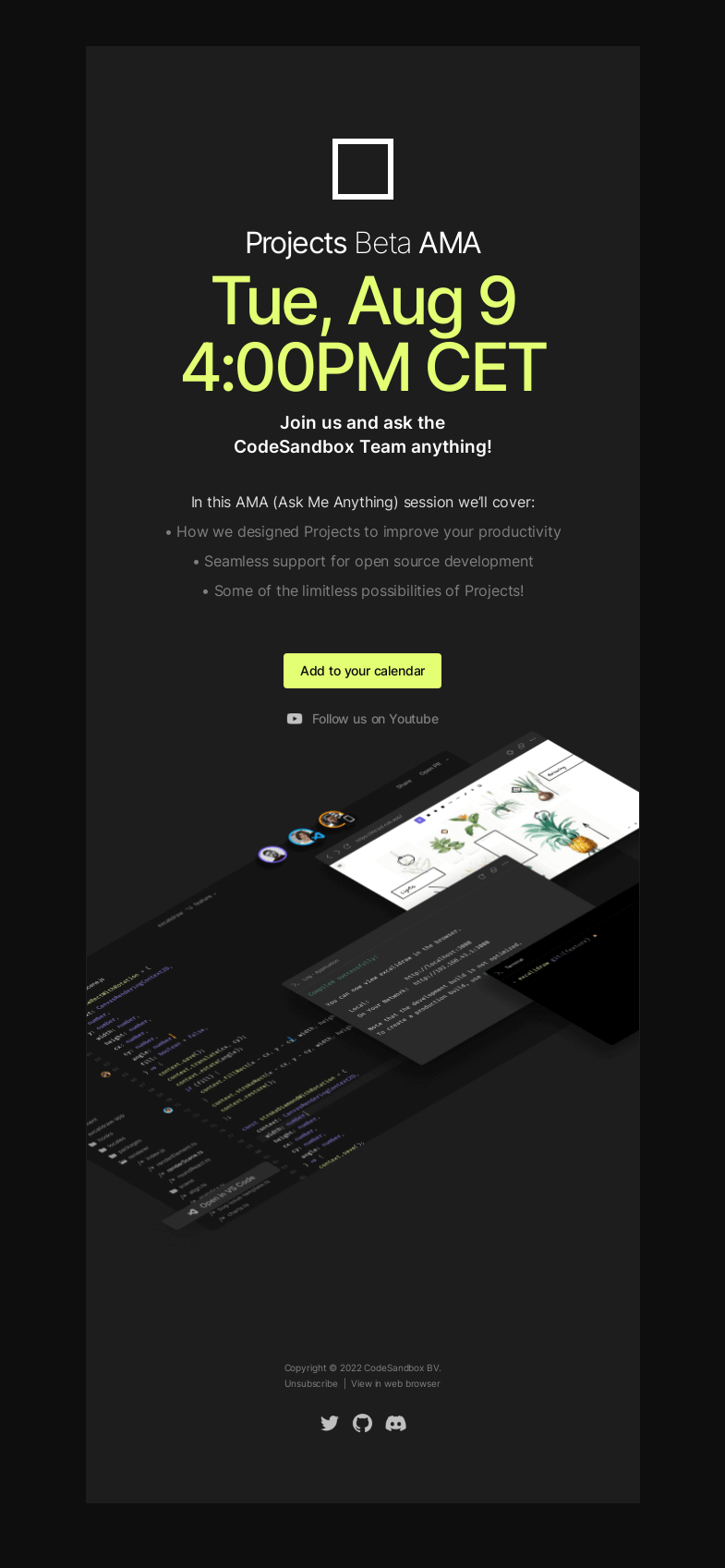Письмо компании «CodeSandbox» на тему «Ask the CodeSandbox team anything tomorrow at 4PM CET!»