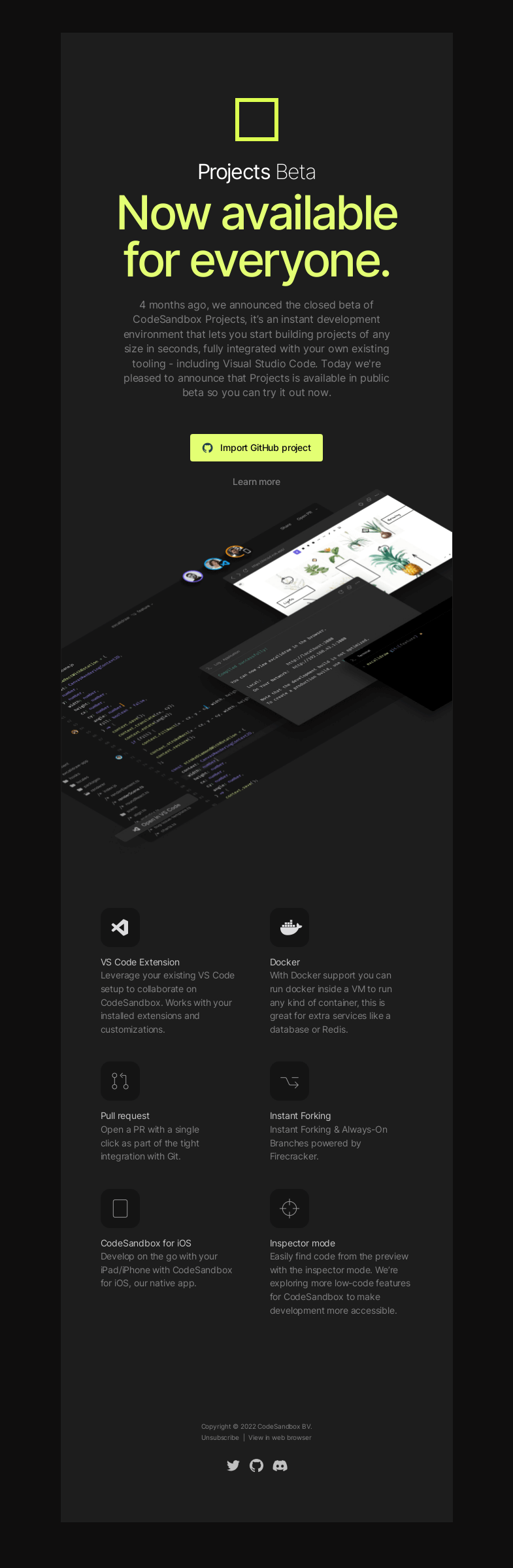 Письмо компании «CodeSandbox» на тему «CodeSandbox Projects Goes into Open Beta»
