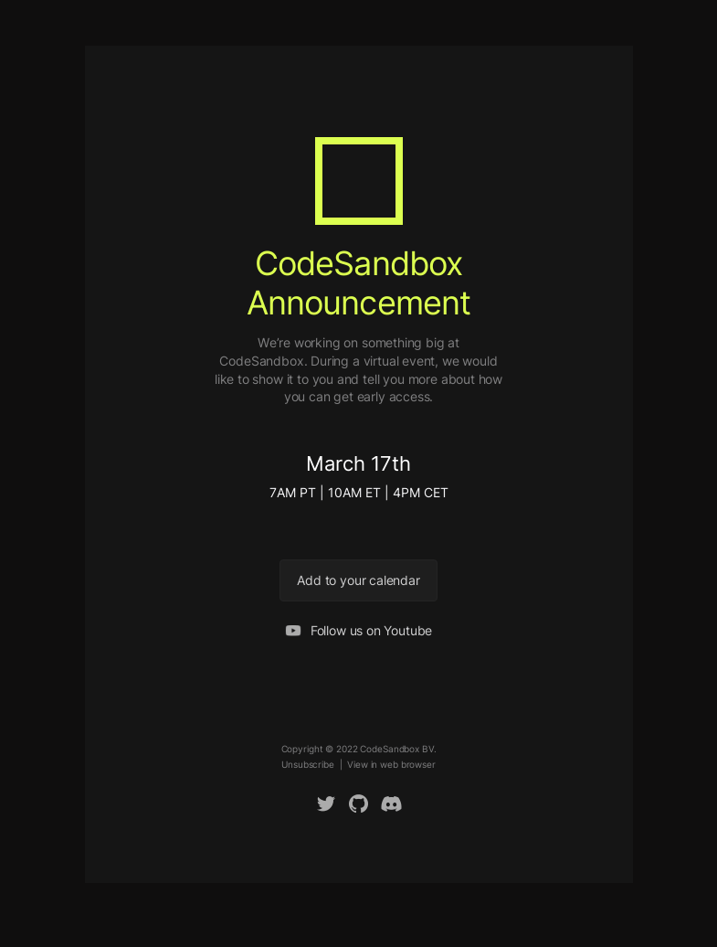 Письмо компании «CodeSandbox» на тему «Mark your calendars, CodeSandbox Announcement!»