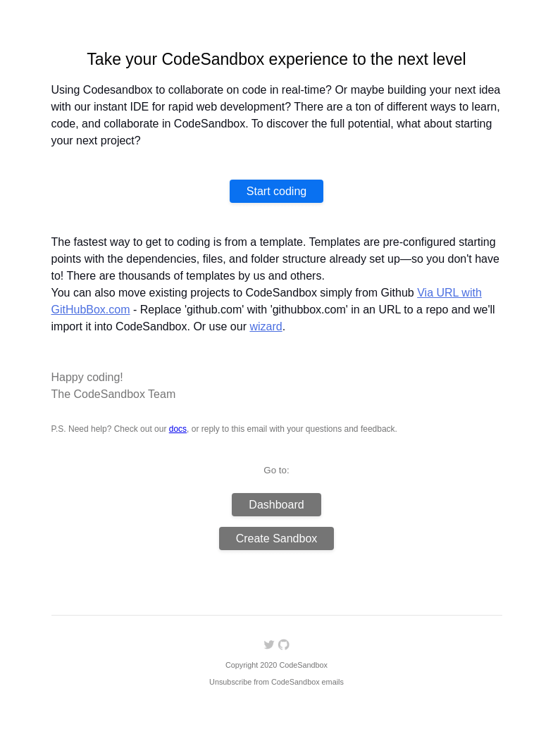 Письмо компании «CodeSandbox» на тему «Take your CodeSandbox experience to the next level»