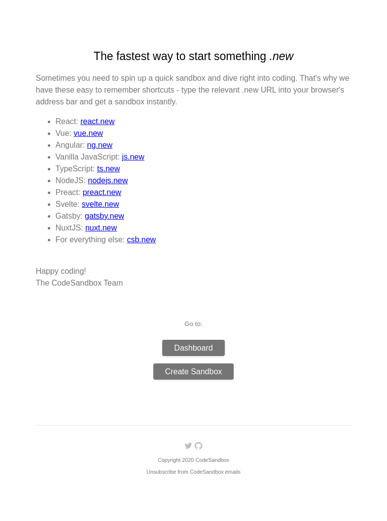 Письмо компании «CodeSandbox» на тему «The fastest way to start something new»