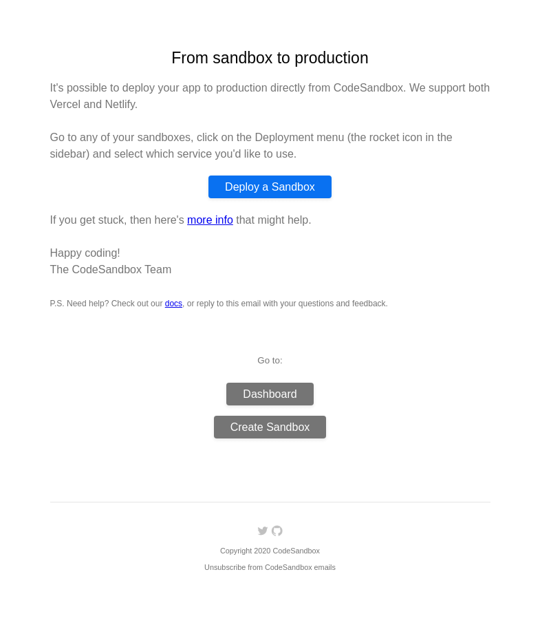 Письмо компании «CodeSandbox» на тему «From sandbox to production»